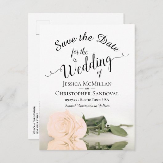 Carte Postale Faire-part Elégant Pale Peach Rose Wedding Enregistrer la dat (Devant / Derrière)