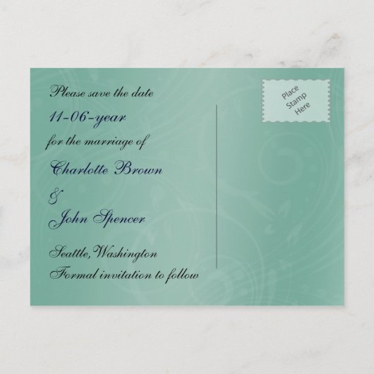 Carte Postale Faire-part élégant paon turquoise enregistrer la date (Dos)