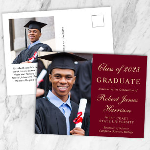 Carte Postale Faire-part Élégant Photo Burgundy Gold College Graduation