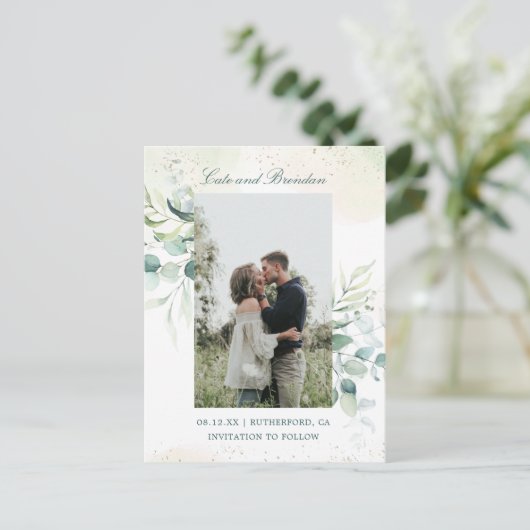 Carte Postale Faire-part Elégant Photo Eucalyptus Mariage Enregistrer la da (Debout devant)