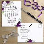 Carte Postale Faire-part Elegant Plum Roses Wedding Save the Date Calendar<br><div class="desc">This rustic wedding Save the Date Post-card sur elegant watercolor floral design with beautiful painted roses in shades of dusty purple, lavender, and plum. There is a customizable calendar showing the month of your wedding with a heart around your special day. Fashionable, bohemian, et chic, this card is a sure...</div>