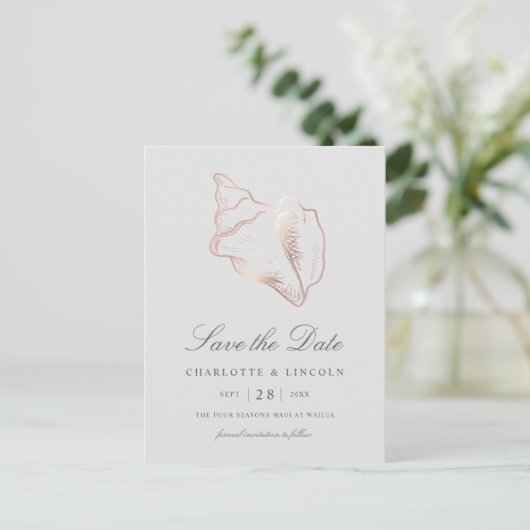 Carte Postale Faire-part Élégant Rose Gold Conch Mariage Enregistrer la Dat (Debout devant)