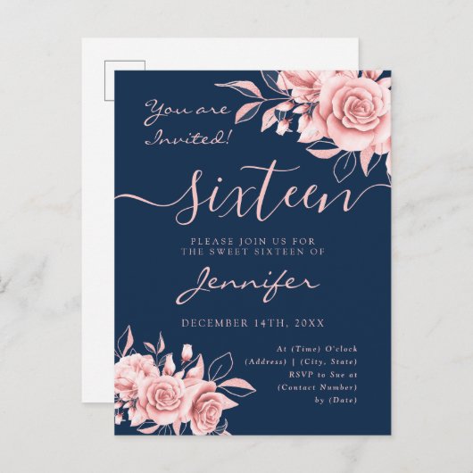 Carte Postale Faire-part Elégant Rose Gold Sweet 16 Parties scintillant Flo (Devant / Derrière)