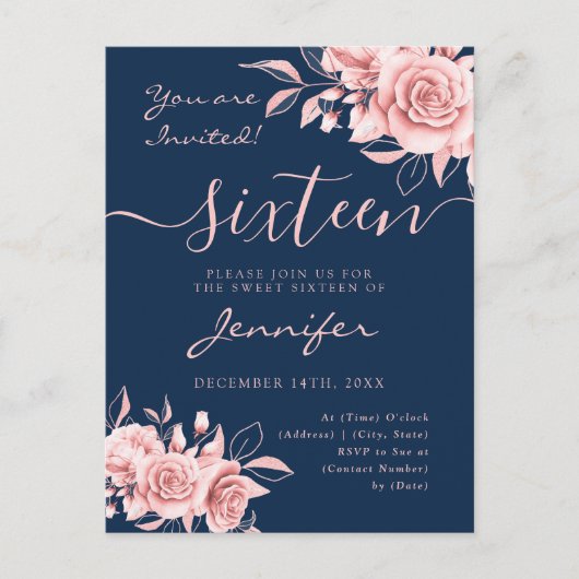 Carte Postale Faire-part Elégant Rose Gold Sweet 16 Parties scintillant Flo (Devant)