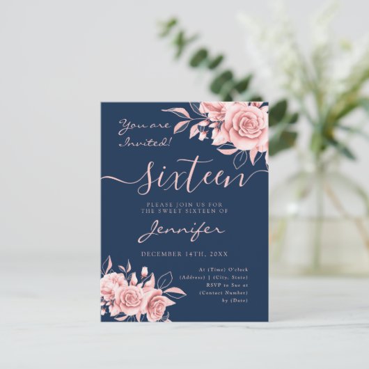Carte Postale Faire-part Elégant Rose Gold Sweet 16 Parties scintillant Flo (Debout devant)