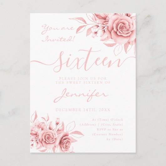 Carte Postale Faire-part Élégant Rose Gold Sweet 16 Parties scintillant Flo (Devant)