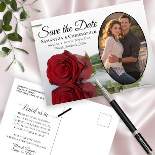 Carte Postale Faire-part Élégant Rose Rouge Oval Photo Mariage Enregistrer
