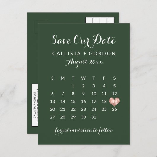 Carte Postale Faire-part Élégant Rose vert moderne Gold Heart Calendrier (Devant / Derrière)