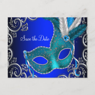 Carte Postale Faire-part Elégant Royal Blue Masquerade Enregistrer La Date