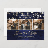 Carte Postale Faire-part Elégant Rustic Navy Blue Gold Foil Mariage Photo (Devant / Derrière)