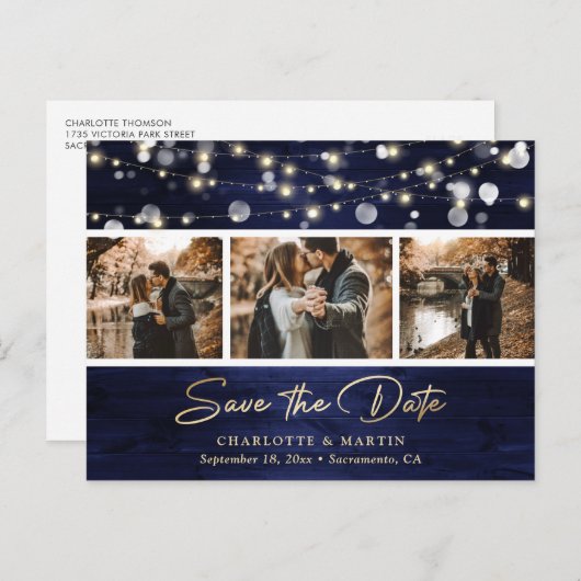 Carte Postale Faire-part Elégant Rustic Navy Blue Gold Foil Mariage Photo (Devant / Derrière)