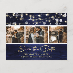 Carte Postale Faire-part Elégant Rustic Navy Blue Gold Foil Mariage Photo