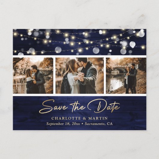 Carte Postale Faire-part Elégant Rustic Navy Blue Gold Foil Mariage Photo (Devant)