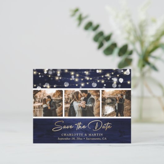 Carte Postale Faire-part Elégant Rustic Navy Blue Gold Foil Mariage Photo (Debout devant)