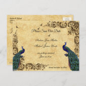 Carte Postale Faire-part Élégant, Sauvegarder la Date, Paons, (Devant / Derrière)