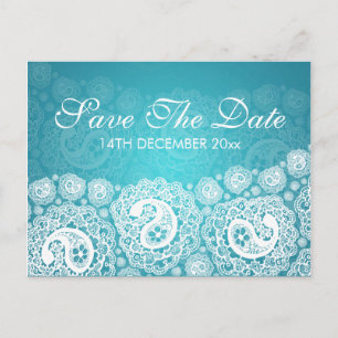 Carte Postale Faire-part Élégant Save The Date Paisley Lace Bleu