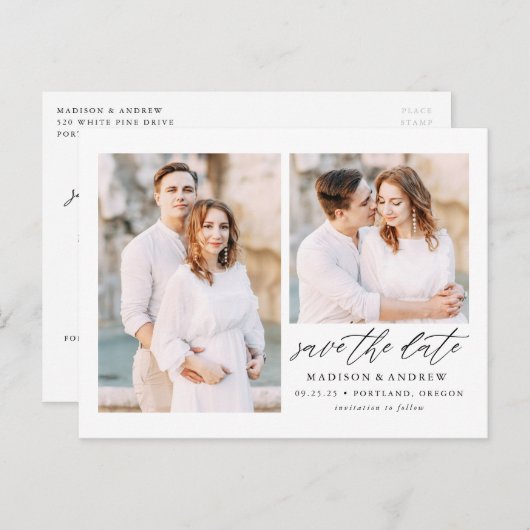 Carte Postale Faire-part Élégant Script 2 Photo Jour à Sauvegarder (Devant / Derrière)