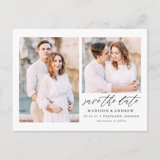 Carte Postale Faire-part Élégant Script 2 Photo Jour à Sauvegarder (Devant)