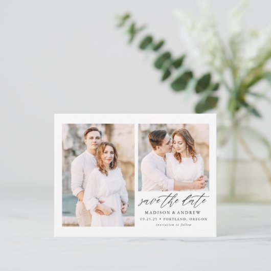 Carte Postale Faire-part Élégant Script 2 Photo Jour à Sauvegarder (Debout devant)