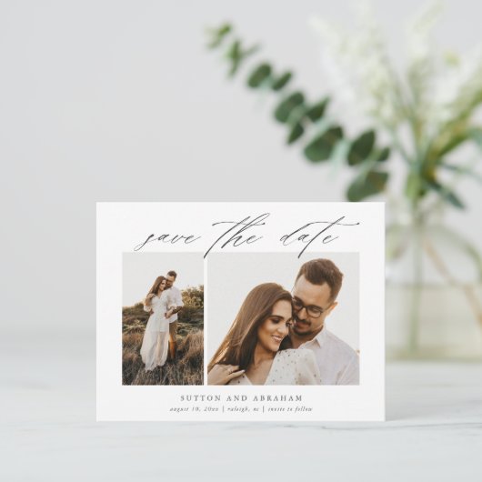 Carte Postale Faire-part Élégant Script 2 Photo Mariage Enregistrer la Date (Debout devant)