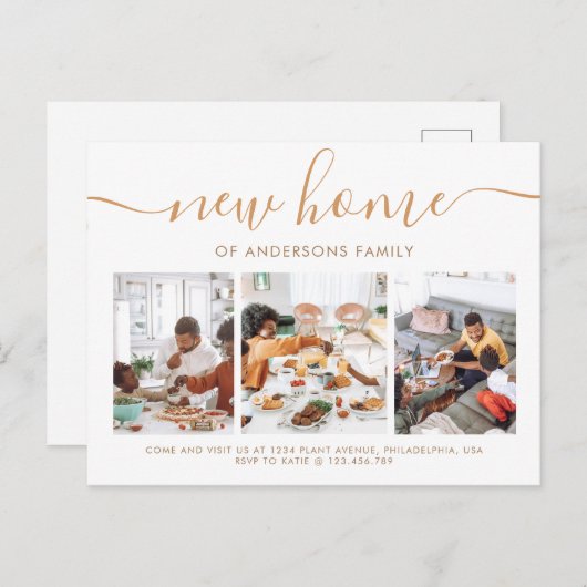 Carte Postale Faire-part Élégant Script Calligraphie 3 Photo New Home Movin (Devant / Derrière)