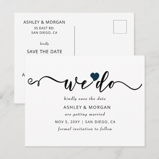 Carte Postale Faire-part Élégant script Coeur de la marine Nous faisons enr (Devant / Derrière)