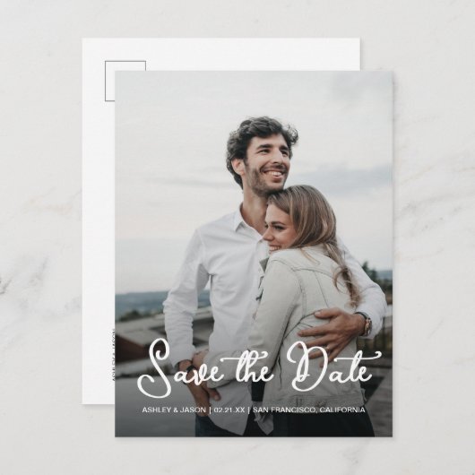 Carte Postale Faire-part Élégant Script Enregistrer la Date de Mariage Phot (Devant / Derrière)