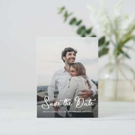 Carte Postale Faire-part Élégant Script Enregistrer la Date de Mariage Phot (Debout devant)