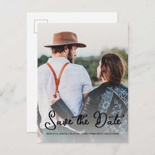 Carte Postale Faire-part Élégant Script Enregistrer la Date de Mariage Phot (Devant / Derrière)