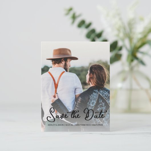 Carte Postale Faire-part Élégant Script Enregistrer la Date de Mariage Phot (Debout devant)