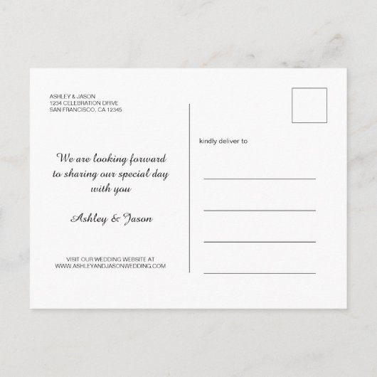 Carte Postale Faire-part Élégant Script Enregistrer la Date de Mariage Phot (Dos)