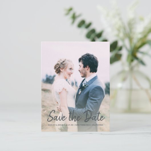 Carte Postale Faire-part Élégant script Enregistrer la date Fiançailles pho (Debout devant)