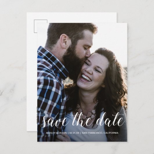 Carte Postale Faire-part Élégant script Enregistrer la date Fiançailles pho (Devant / Derrière)