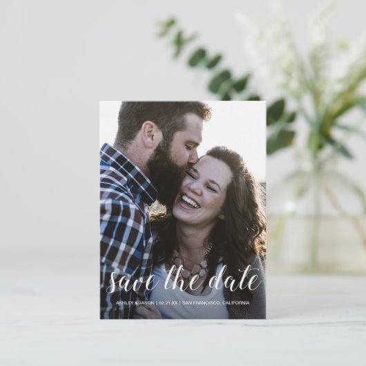 Carte Postale Faire-part Élégant script Enregistrer la date Fiançailles pho (Debout devant)