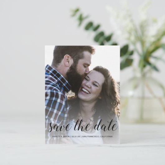 Carte Postale Faire-part Élégant script Enregistrer la date Fiançailles pho (Debout devant)