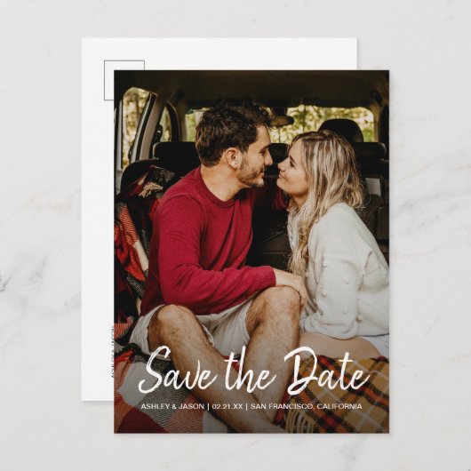 Carte Postale Faire-part Élégant script Enregistrer la date Fiançailles pho (Devant / Derrière)