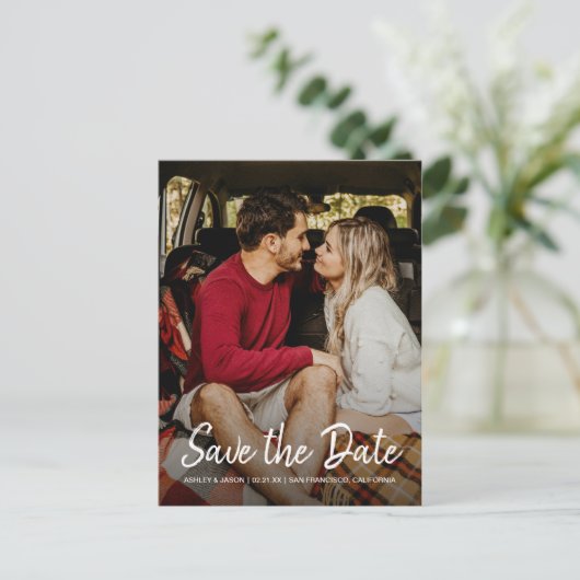 Carte Postale Faire-part Élégant script Enregistrer la date Fiançailles pho (Debout devant)