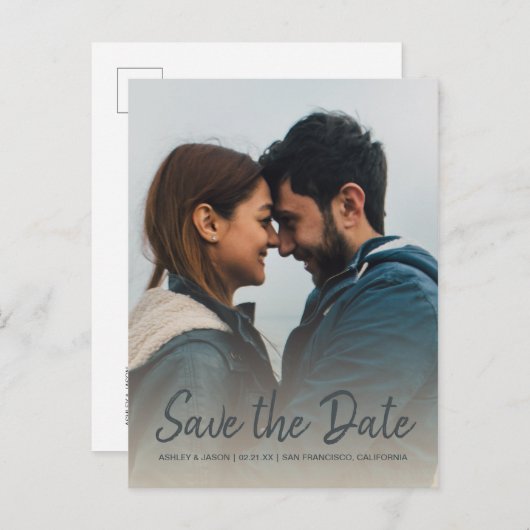 Carte Postale Faire-part Élégant script Enregistrer la date Fiançailles pho (Devant / Derrière)