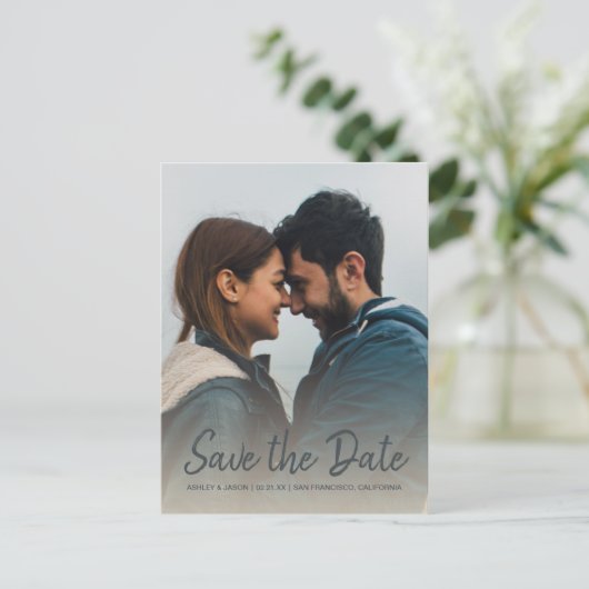 Carte Postale Faire-part Élégant script Enregistrer la date Fiançailles pho (Debout devant)