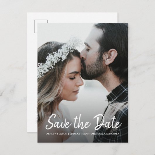Carte Postale Faire-part Élégant script Enregistrer la date Fiançailles pho (Devant / Derrière)
