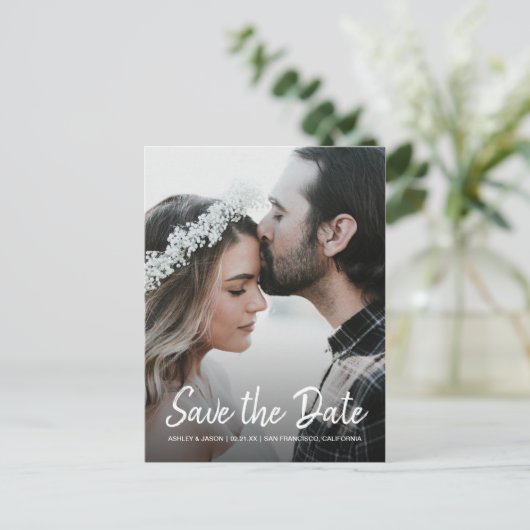 Carte Postale Faire-part Élégant script Enregistrer la date Fiançailles pho (Debout devant)