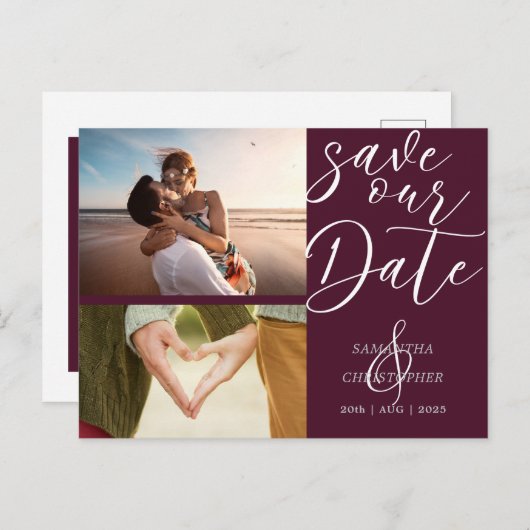 Carte Postale Faire-part Élégant Script Enregistrer Notre Date Bourgogne (Devant / Derrière)