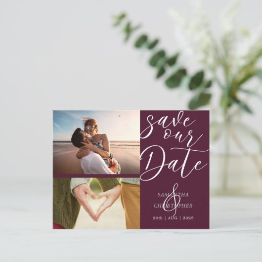 Carte Postale Faire-part Élégant Script Enregistrer Notre Date Bourgogne (Debout devant)