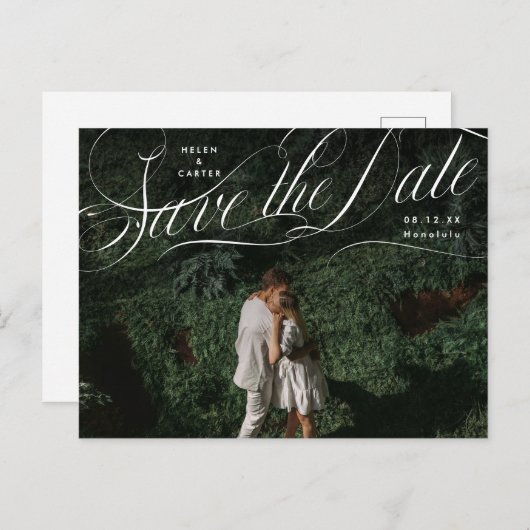 Carte Postale Faire-part Élégant Script Flourissant Photo Enregistrer la da (Devant / Derrière)