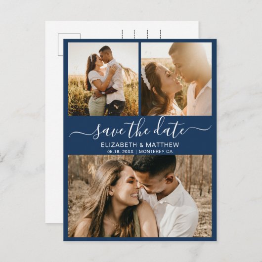 Carte Postale Faire-part Élégant Script Marine Photo Budget Enregistrer La  (Devant / Derrière)