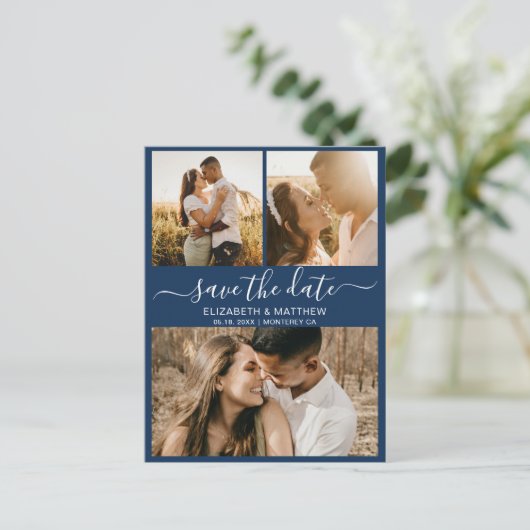 Carte Postale Faire-part Élégant Script Marine Photo Budget Enregistrer La  (Debout devant)