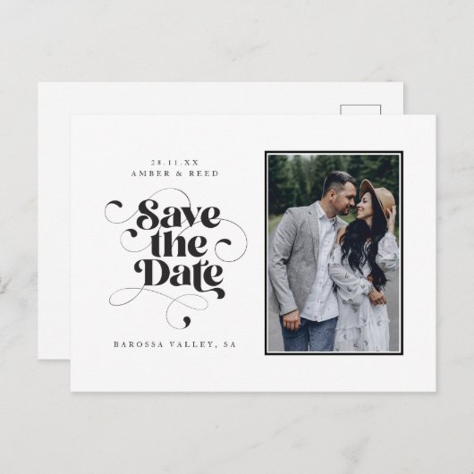 Carte Postale Faire-part Élégant Script moderne Black White Art Design Phot (Devant / Derrière)