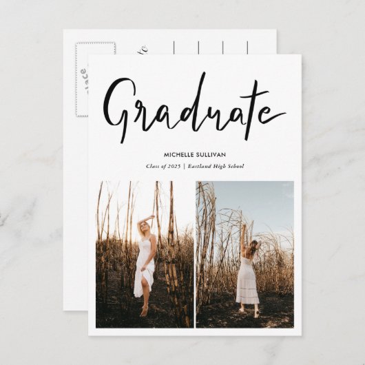 Carte Postale Faire-part Élégant script moderne | Photos de deuxième année (Devant / Derrière)