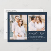 Carte Postale Faire-part Élégant Script Navy 2 Photo Enregistrer la date (Devant / Derrière)