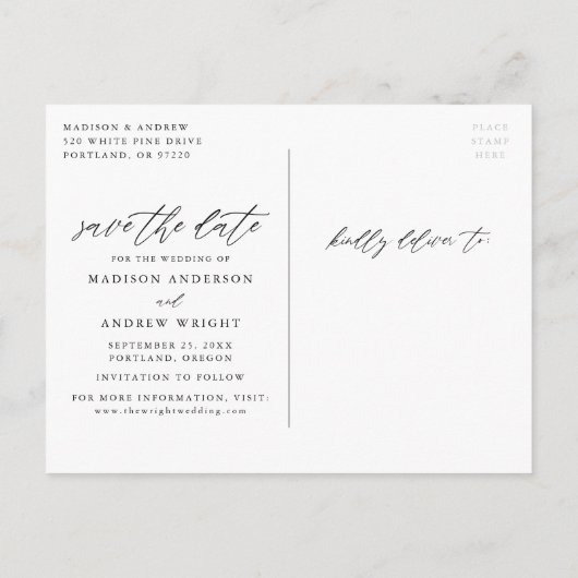 Carte Postale Faire-part Élégant Script Navy 2 Photo Enregistrer la date (Dos)